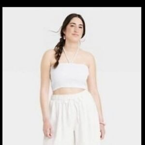 Universal Thread Women's White Smocked Cropped Halter Top Shirt L
